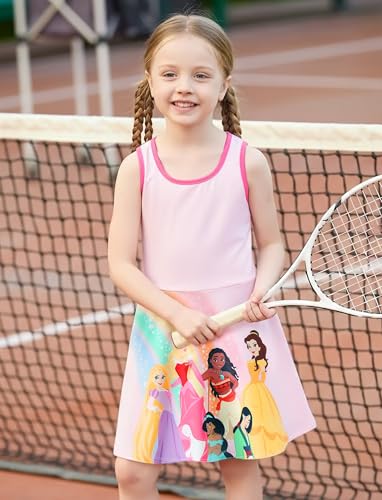 Image of Disney Frozen Elsa Princess Stitch Minnie Girls Tennis Dress Sleeveless Golf Outfit with Shorts Pocket & Headband 2-9 Years