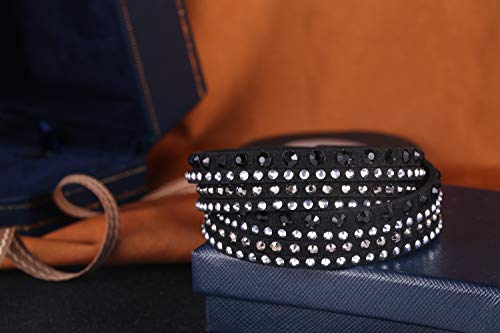 Barzel Leather Created Austrian Crystals Wrap Bracelets (Black With Black & White Stones) #TOP2