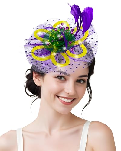LED Light up Fascinator Hats Mardi Gras Kentucky Fascinator Derby Flower Headband Feather Mesh Wedding Headband for Women