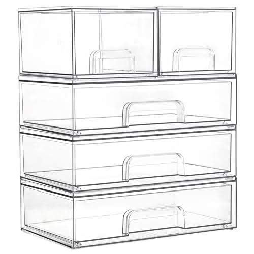 Vtopmart Clear Stackable Storage Drawers Set of 5, Plastic Organizer Bins for Makeup, Cosmetics, Beauty Supplies,Ideal for Vanity, Bathroom,Cabinet,Pantry Organization