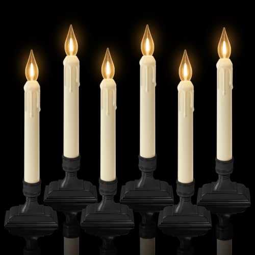 Meigic 6 Pcs Sensor Dawn to Dusk Window Candles, Flickering Candle Lights for Windows, 2X Brighter LED Candle with Black Holders, Fake Candlesticks for Christmas Home Decor, Warm Yellow Light