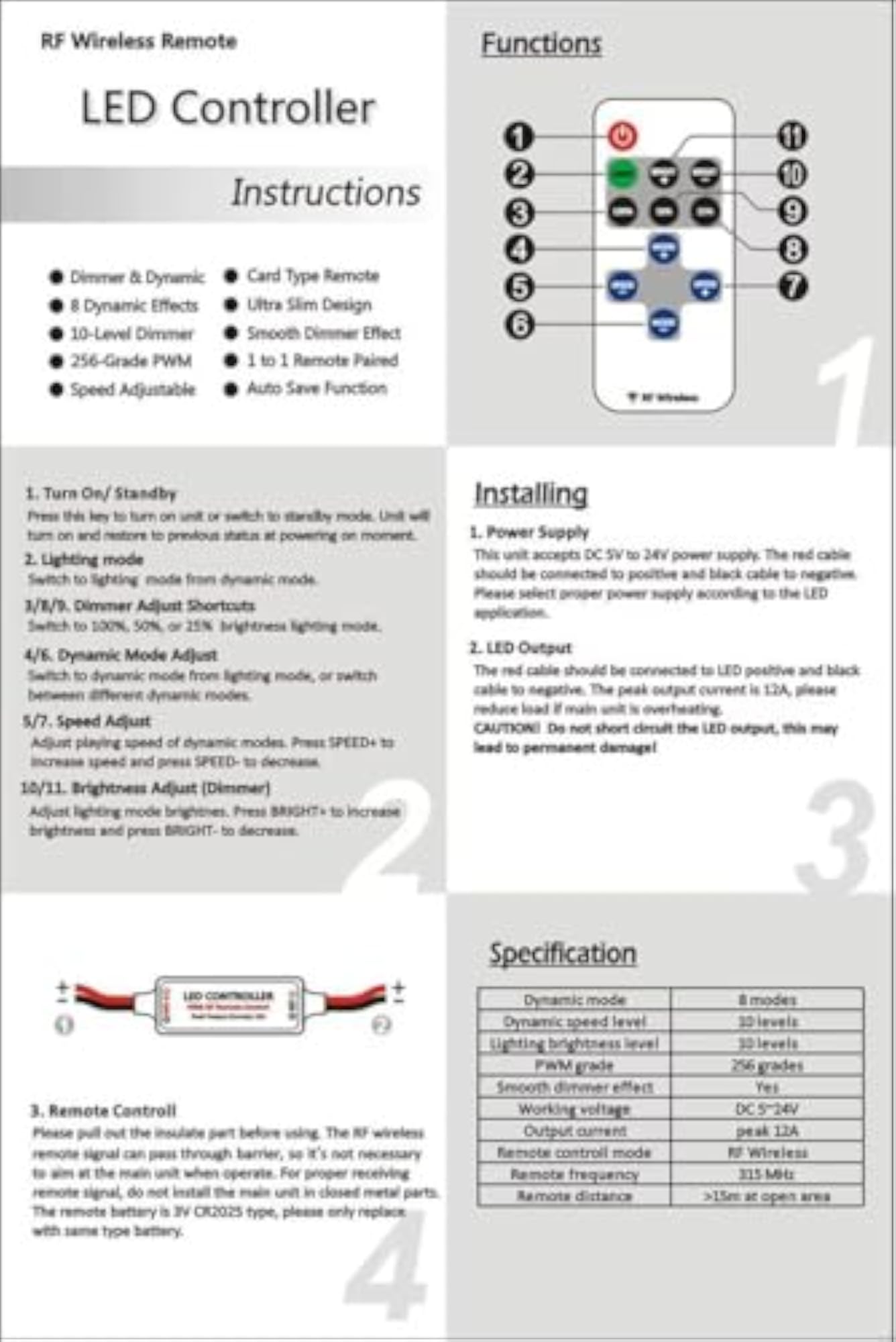 Mini RF LED Dimmer Wireless Remote Controller for Strip Lights