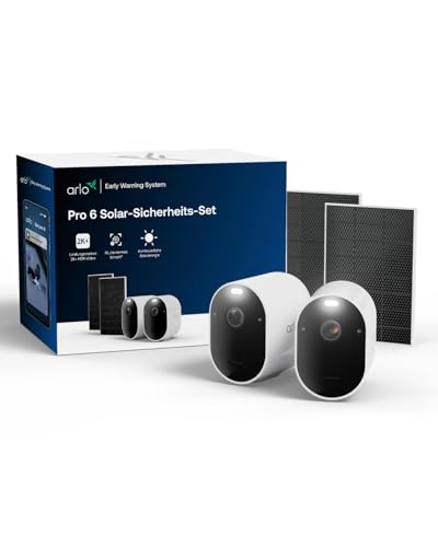 Arlo Pro 6 Überwachungskamera Aussen WLAN, 2er Set mit 2 Solar Panel, Kabellos, 2K+HDR, Farb-Nachtsicht, 160° Blickwinkel, Spotlight, Zwei-Wege Audio, Bewegungserkennung, mit Arlo Secure Testzeitraum
