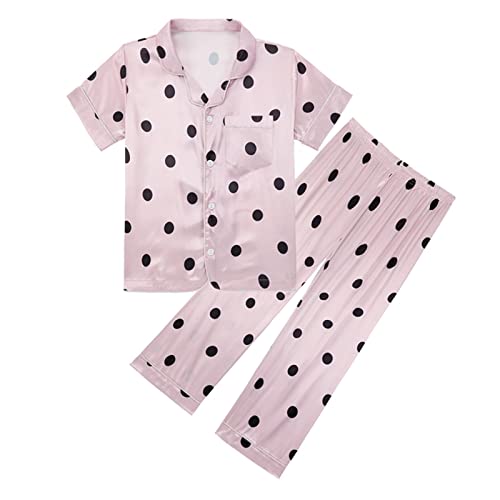 Girls Silky Satin 𝐏a𝐣amas Set Button-Down 𝐒lee𝐩wear 𝐏𝐣s Short Sleeve Shirt and Long Pants Kids Cute Pattern 2PC 𝐑obe