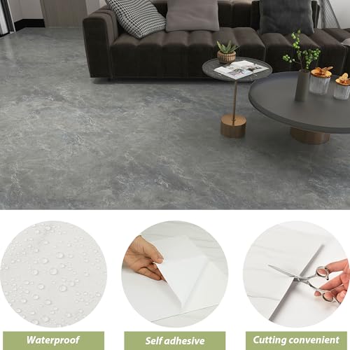 Lareko 20Sq.Ft Grey Marble Peel and Stick Vinyl Floor Tiles,20 Tiles - 12" x 12",Waterfproof and Self Adhesive Vinyl Sticker Tiles,Laminate Flooring for for Kichen,Bathroom,Dining Room(Dark Grey)