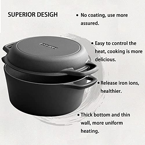 Cast Iron Dutch Oven Pot With Lid, 2-In-1 Pre Seasoned 5Qt Dutch Oven Cast Iron Cookware For Frying,Camping,Cooking, Baking #TOP2