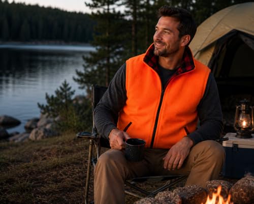 Image of Men's Reversible Camo / Buffalo Red Plaid & Orange Fleece Hunting Vest