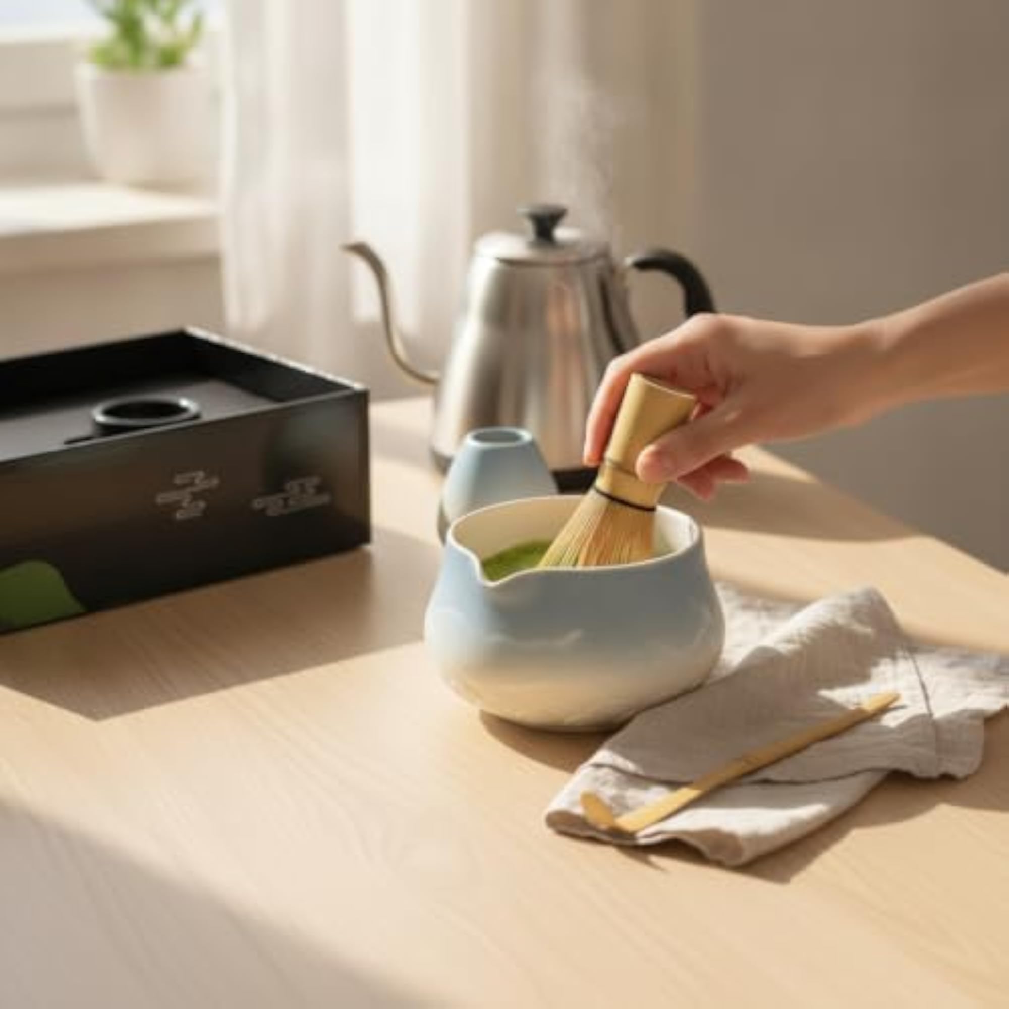 Japanese Style Ceramic Matcha Tea Set with Mountain and Water Pattern Bowl