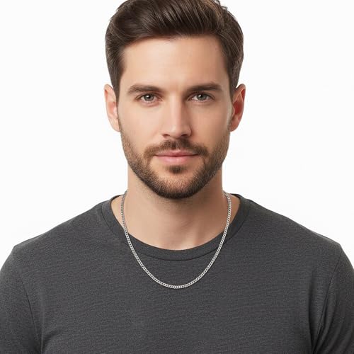 image for Fiusem 3.5mm Silver Colored Chains for Men, Silver Plated Cuban Link C