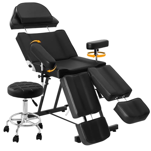 Tattoo Chair for Artist, Esthetician Facial Bed with Adjustable Armrests & Headrest, Split Legs Design Professional Tilting Massage Table with Stool for Eyelashes Spa Tattoo Studio, 440lbs, Black