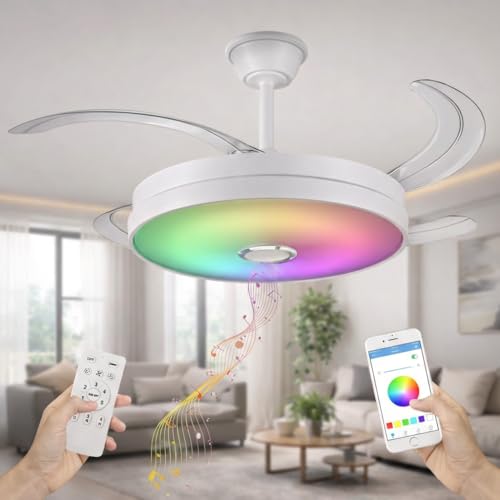 FAN PROJECT Ventilador de Techo con Música   108 cm de Ancho con Aspas Retráctiles, Luz LED y RGB   Silencioso con Lámpara y Moderno, Multifunción con 2 Mandos a Distancia y APP