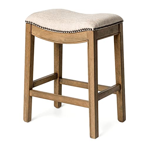 Maven Lane Adrien Backless Saddle Kitchen Counter Stool 25.7" H, Natural Wood Finish And Cream Performance Fabric, Nail Head Trim Design #TOP6
