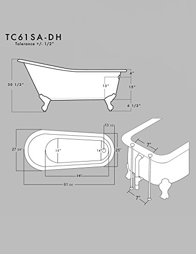 61" Claw Foot Acrylic Slipper Bathtub With 7" Faucet Hole Drillings & Chrome Feet-"Maries" #TOP1