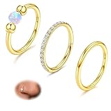 KREZIP 3PCS 18G Gold Nose Hoops Opal Nose Ring Hypoallergenic 316L Surgical Steel Hinged Nose Rings Hoops for Women Men Clicker Septum Jewelry Cartilage Helix Daith Conch Piercing Jewelry(18G 8mm Gold)
