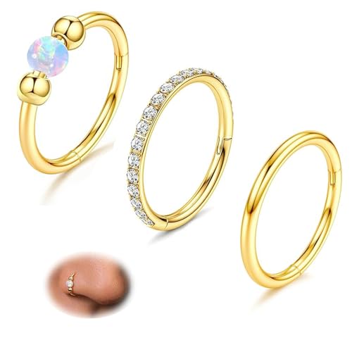 KREZIP 3PCS 18G Gold Nose Hoops Opal Nose Ring Hypoallergenic 316L Surgical Steel Hinged Nose Rings Hoops for Women Men Clicker Septum Jewelry Cartilage Helix Daith Conch Piercing Jewelry(18G 8mm Gold)