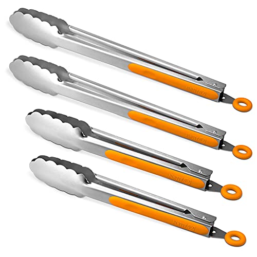 304 Stainless Steel Kitchen Cooking Tongs, 9" and 12" Set of 4 Sturdy Grilling Barbeque Brushed Locking Food Tongs with Ergonomic Grip, Orange