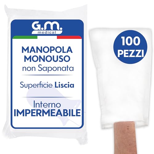 G.M. DISTRIBUZIONE 100 Manopole non Saponate usa e getta Impermeabili, Per la Detersione e l’igiene di Pazienti Anziani ed Allettati, Guanto Monouso Lavapaziente, Interno Impermeabile