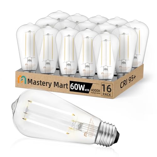 16 Pack ST19 LED Edison Bulb, 5.5W (60W Equivalent) 500LM CRI 95+, Non-Dimmable, 4000K Cool White, E26 Medium Base, Vintage Filament, Clear Glass, Standard Type A Lamp, for Kitchen, Bathroom, Bedroom