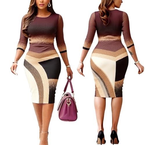 Image of Women's Elegant Bodycon Print Twist Front Workwear Midi Pencil Dress | This versatile bodycon dress is perfect for work, office, business casual, dating, parties, and weekend outings.