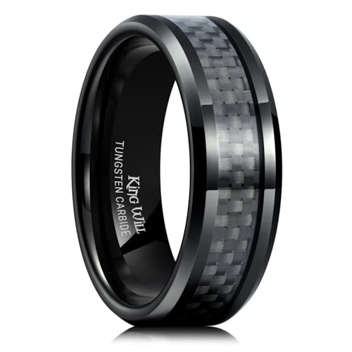 King Will 8mm Tungsten Carbide Rings for Men Men's Wedding Band with Carbon Fiber Inlaid Beveled Polished