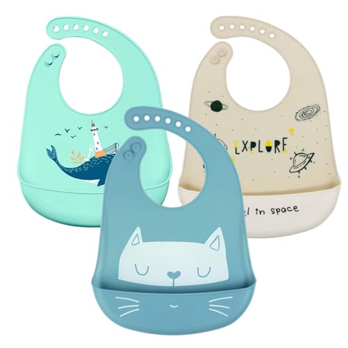 SLOSH Baberos Silicona Bebé Impermeables Flexible Suave de 6 Meses a 6 Años 1 año 2 años Grande Ajustable para Niño Unisex (Azul Verde Gris)
