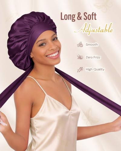 Image of BONNET QUEEN Silk Bonnet for Sleeping Women Satin Bonnet Night Sleep Cap Wrap for Curly Hair with Adjustable Tie Band, Single Layer, Prune
