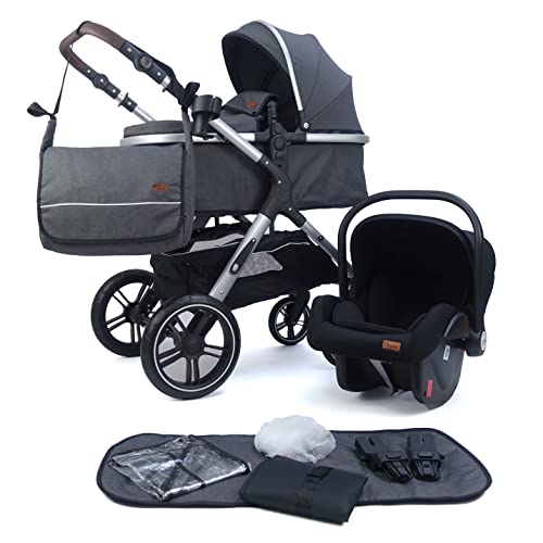 Pixini Kinderwagen Nelio 3in1 Kombikinderwagen, inkl. Babywanne & Buggy & Auto-Babyschale & Wickeltasche/Becherhalter/Regenschutz/Adapter (silber/grau 12")