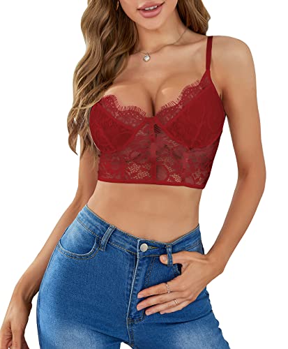 Lilosy Sexy Wirefree Lingerie Floral Lace Crop Cami Tank Top Women Sheer Longline Bralette Night Out Party Bra Burgundy Medium #TOP4
