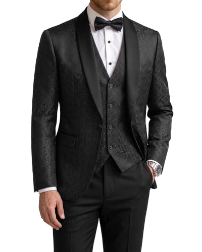YND Men's 3 Piece Slim Fit Tuxedo Suit Set, One Button Shawl Collar Floral Business Blazer Jacket Vest Pants with Bow Tie Black