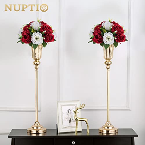 Image of NUPTIO Artificial Flower Centrepieces for Tables - 10 Pcs Crimson & White Fake Flowers Roses Balls 9.5in Diameter - Silk Faux Rose Arrangement for Wedding Party Centerpiece Table Decorations