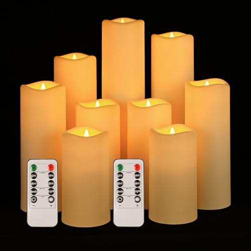 Image of Flickering Flameless Candles with Remote, Waterproof Outdoor Battery Operated Candles, Plastic Ivory Realistic LED Candles for Party, Wedding, Christmas, Thanksgiving, Home Decor, Set of 9