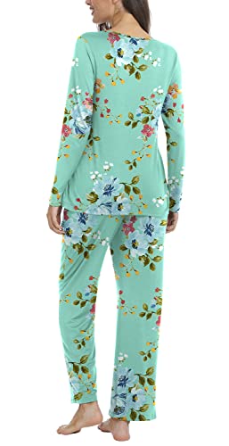 Taohuadao Womens Fall 2 Piece Pajama Sets, Long Sleeve Pleated Tunic Tops With Comfy Pants, Lounge Sleepwear Ladies Pjs Sets With Pockets Xl, Mint Green #TOP3