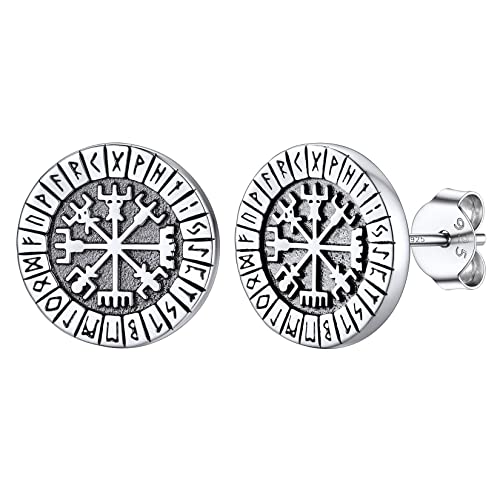 Viking Compass Studs Earrings for Men Women Sterling Silver Vintage Norse Vegvisir Runic Jewelry Birthday Graduation Gift