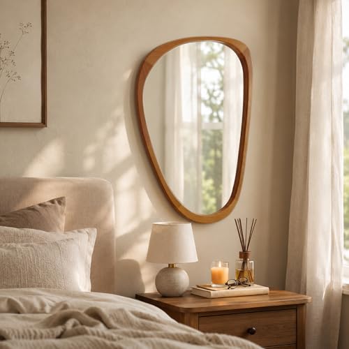 Image of Solid Wood 30 inchx20 inch Warm Walnut Organic Irregular Wall Mirror Decor | Warm grain and asymmetrical shape suit Japandi, Boho, organic decor, entryways, powder rooms, bedrooms, apartments
