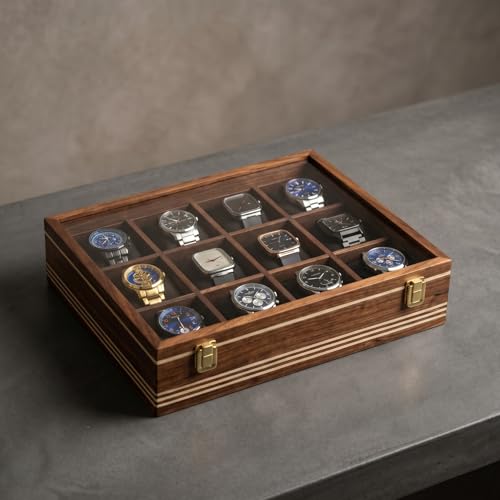 Image of Wooden Watch Box, Storage Organizer, Watch Display Case, Jewelry Holder, Gift for Men & Women - Rosewood Crafted, 3-12 Slots, Handmade Cushions (Twelve Slots)