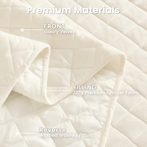 L'AGRATY Velvet Quilt Queen Size: 3-Piece Reversible Luxury Velvet Bedding Comforter Set - Lightweight Oversized Quilted Bedspread Coverlet with 2 Pillow Sham for All Season - Cream White Quilt