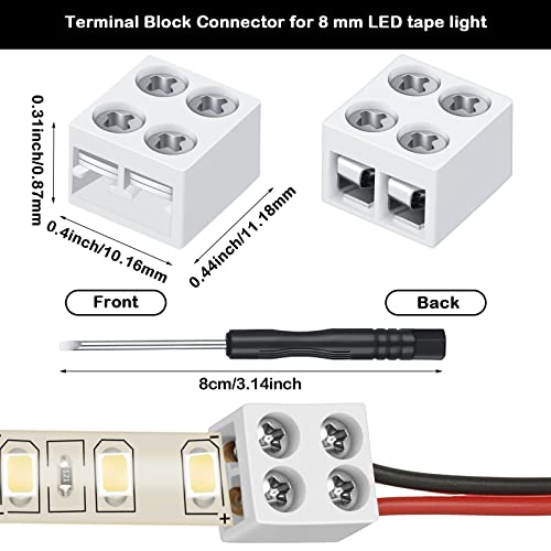 25 Pack Solderless Led Tape Light Connector 2 Pin Terminal Block Connector Screw Down Led Strip Connector 8Mm Tape To Wire For 5V 12V 24V Single Color Led Strip Lights, White, Screwdriver Included #TOP1