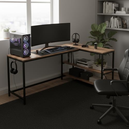 Image of Amazon Brand - Solimo L-Shaped Study Table for Students & Adults | Corner Computer Desk for Home & Office | Gaming Table | Wood & Metal | Classic Forest Dark & Black | DIY Installation
