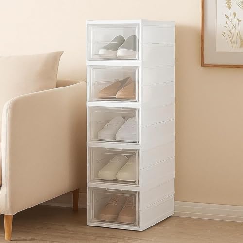 Image of RAYMOX 5 Tier Collapsible Shoe Rack with Door | Heavy Duty Plastic Sneaker Crates | Transparent Shoe Boxes | Sneaker Shoe Stand | Organiser for Heels, Boots, Loafers, Slippers