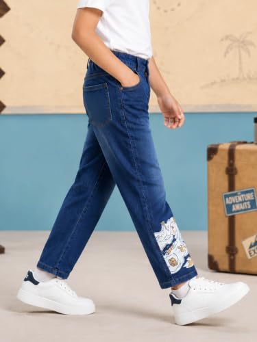 Image of KiddoPanti Boys Regular Fit Denim Pant | Stretch Poly Cotton Denim | Regular Fit Full Length Pant | Back Elasticated & Button with Zip Open Fly