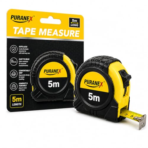 Image of PURANEX 5m/16ft Tape Measure – Heavy Duty Retractable Measuring Tape with Auto Lock, Metric & Imperial Scale, Rubber Grip, Metal Belt Clip for DIY, Construction & Home Use