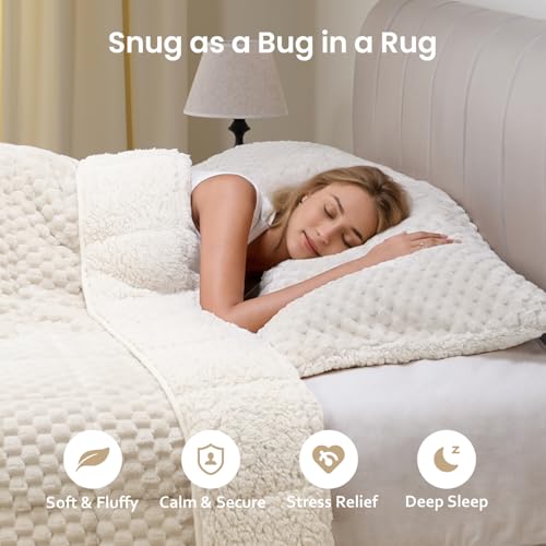 Image of Drewin Weighted Blanket for Adults Queen Size 15lbs, Soft Cozy Turtleback Sherpa Weighted Blankets for Sleeping and Calming, Thick Bed Blanket for Couch Bed, 60 x 80 inches, Cream White