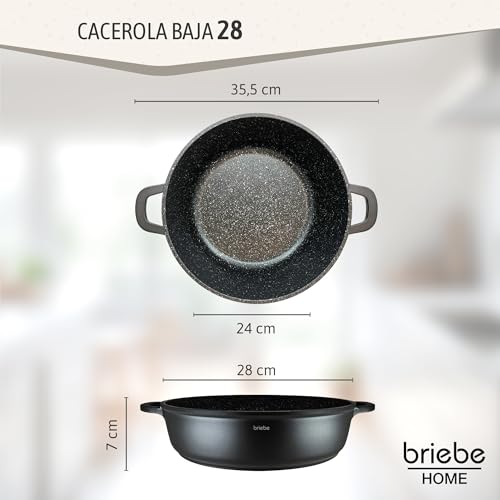 Miniatura 2 de Briebe Black Titanium Cacerola Baja De Cocina Inducción Antiadherente Titanio, Cazuela 28cm, Aluminio Fundido, Recubrimiento Sin Pfoa, Tapa Cristal, Asas Silicona, Vitrocerámica, Gas, Horno