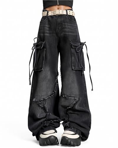 Hugboom Womens Baggy Jeans Star Cargo Pants with Pockets Wide Leg Denim Jeans Y2k for Women Girls Cute Streetwear Black M