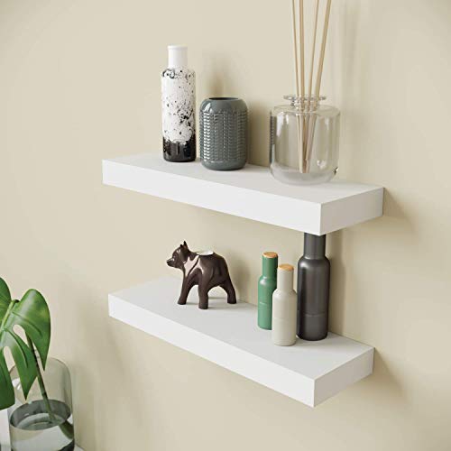 Ballucci Floating Wall Shelves, 2-Pack 16" Wood Wall Mount Ledges for Living Room, Bedroom, Bathroom, Kitchen, Office, 5" Deep - White