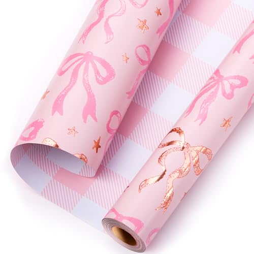 MAYPLUSS Pink Wrapping Paper Roll Cute Bow Gift Wrap Reversible Plaid Gift Paper for Girl Baby Shower Birthday Wedding 17 Inch x 16.5 Feet