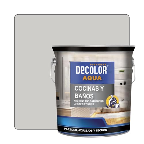 PINTURAS DECOLOR - Cocinas y Baños. Pintura Satinada al Agua para Azulejos, Paredes y Techos.(GRIS MEDIO) 2,5 LT