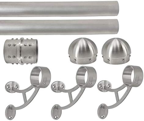 Top Hardware Solid Bar Mount Foot Rail Kit (Custom-Made), Brushed Stainless Steel Tubing (2 in OD, 8 ft = 96 in Long) w/Internal Connector, Bar Mount Foot Rail Bracket, Domed End Cap