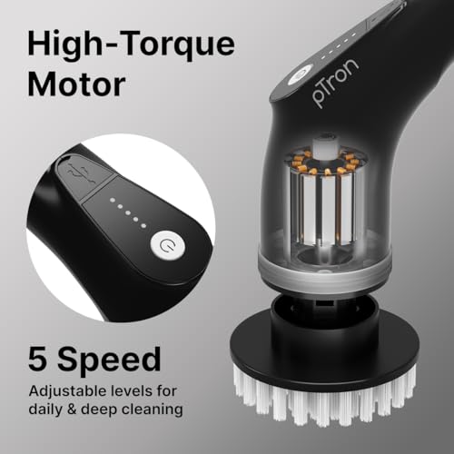 Image of pTron EaseMate Scrubber X1, Electric Spin Scrubber w / 5 Adjustable Speeds, Cleaning Brush Scrubber for Home, 400RPM /min, 120 min Run Time, 8 Replaceable Brush Heads for Bathroom, Floor Tiles (Black)