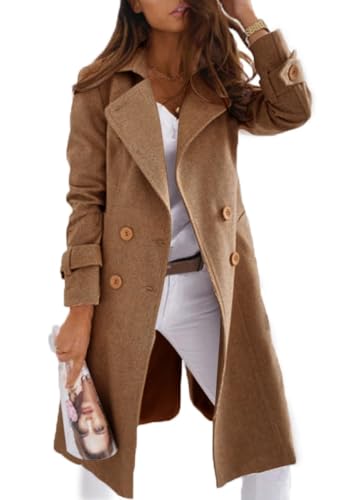chouyatou Women's Winter Double Breasted Notch Lapel Wool Coat Business Casual Midi Long Wool Blend Overcoat